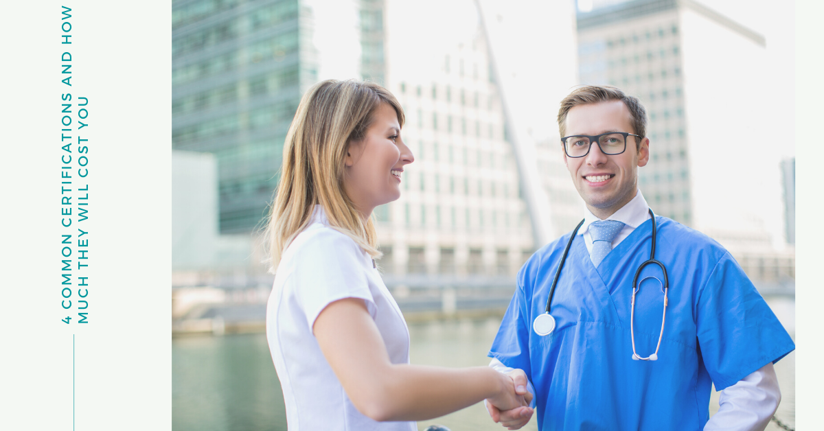 A nurse and a doctor shaking hands in an outdoor stage